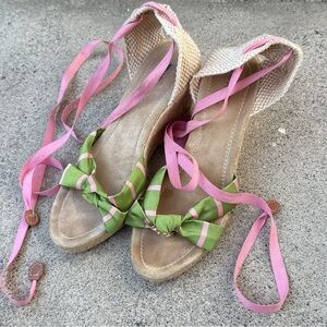 J Crew Silk Polka Dot Coral Knot Wrap Espadrille Wedge Sandals Size 9